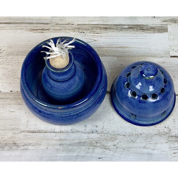 Rare Earth Pottery Blue Glaze Stoneware Oil Lamp Signed Stuart FL Handmade USA - Picture 3 of 6